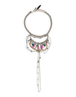Bib Necklace With Pink Agate Stones and Brass, Crystals and Crystal Chains, Glass Beads, and Charms.