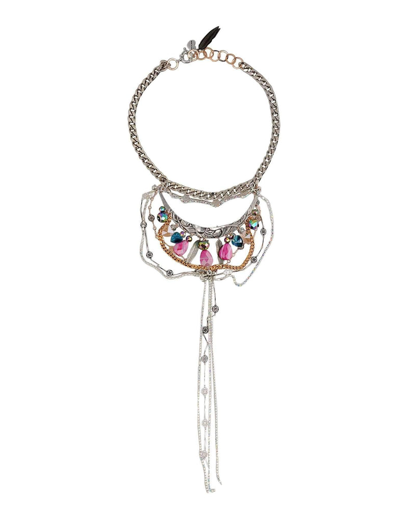 Bib Necklace With Pink Agate Stones and Brass, Crystals and Crystal Chains, Glass Beads, and Charms.