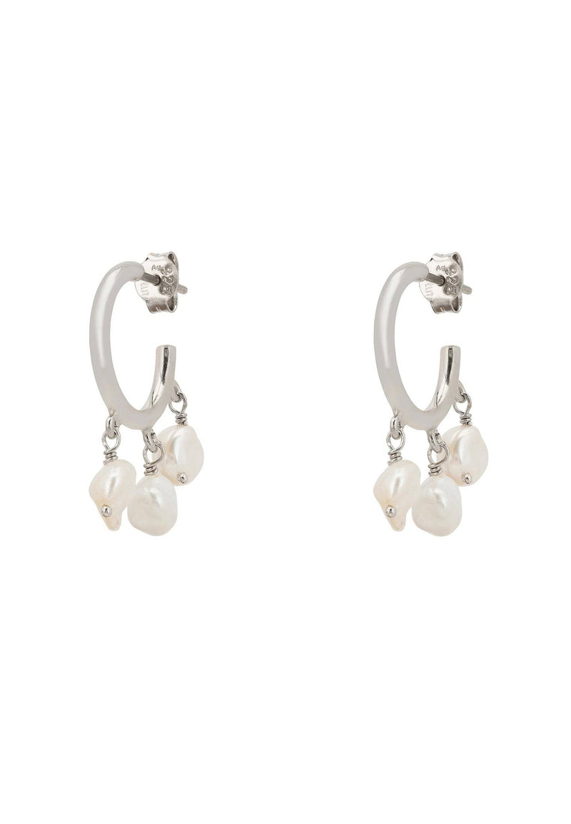 Pearl Cluster Drop Hoop Earrings Silver