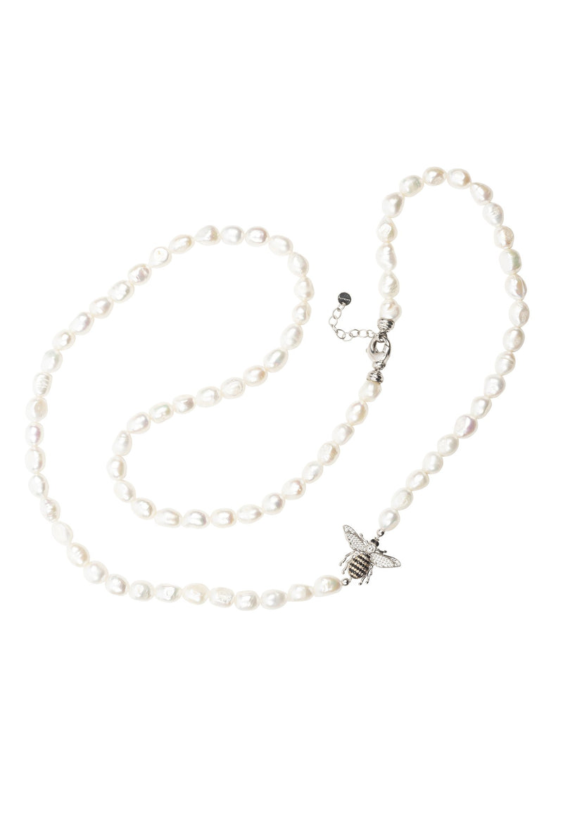 Honey Bee Pearl Gemstone Long Necklace Silver
