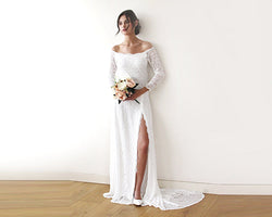 Ivory Wedding Dress With a Slit & Train Off-The-Shoulder Floral Lace Long Sleeve Train Wedding Dresses 1179