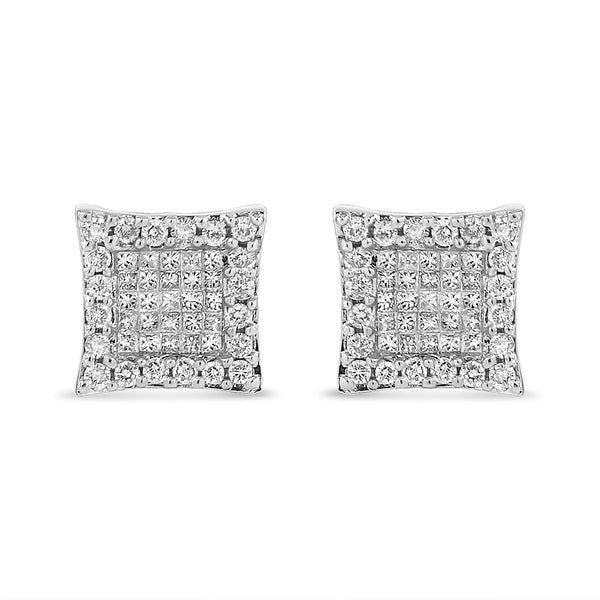14K White Gold 1.00 Cttw Princess and Round-Cut Diamond Square Stud Earrings (G-H Color, SI1-SI2 Clarity)