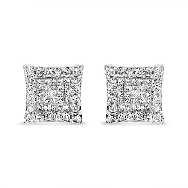 14K White Gold 1.00 Cttw Princess and Round-Cut Diamond Square Stud Earrings (G-H Color, SI1-SI2 Clarity)