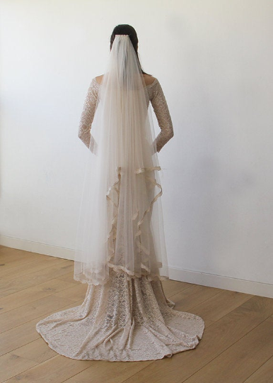 Blush Wedding Veil  - Tulle Veil With Lace Trim 4015