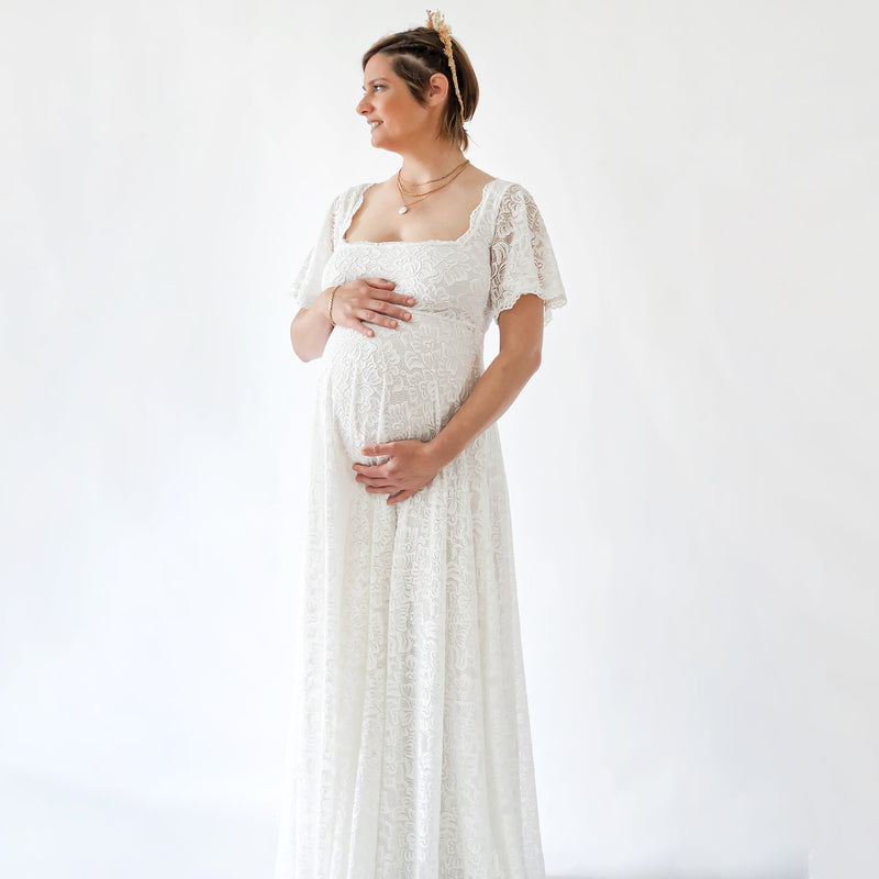 Maternity Ivory Bohemian Dress, Square Neckline , Butterfly Sleeves Dress #7003