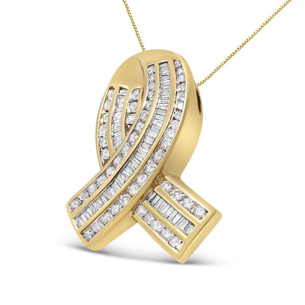 14K Yellow Gold 2 5/8 Cttw Channel Set White Diamond Awareness Ribbon Pendant Necklace (G-H Color, VS1-VS2 Clarity) - NO