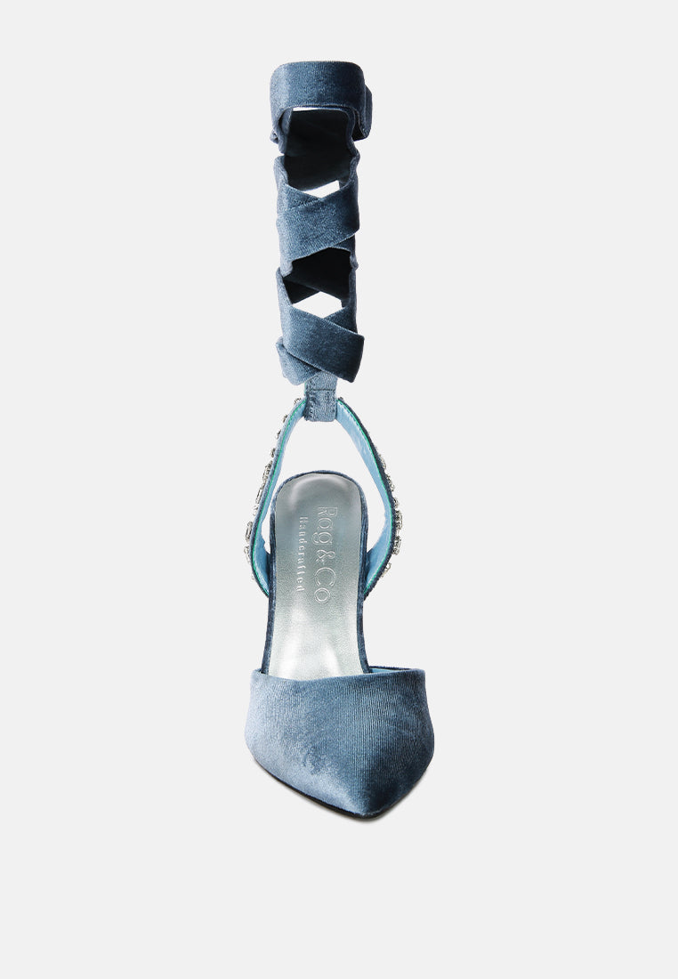 Wallis Blue Velvet Diamante Stud Tie Up Sandals