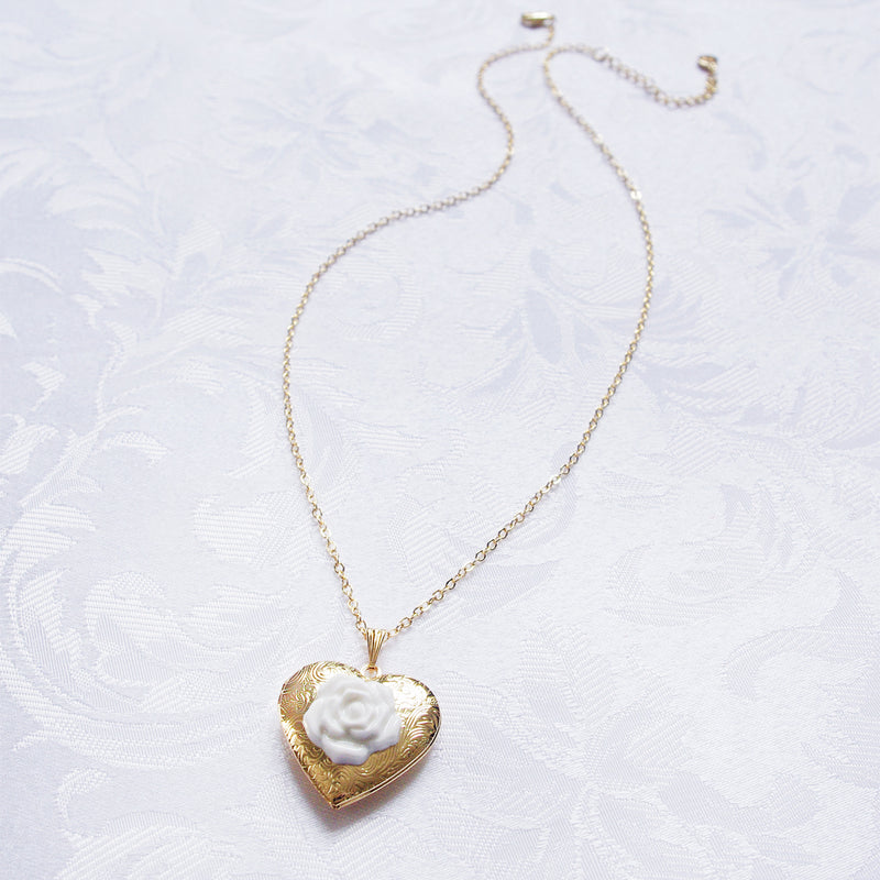 Classic Heart Locket With Porcelain Rose Pendant Necklace