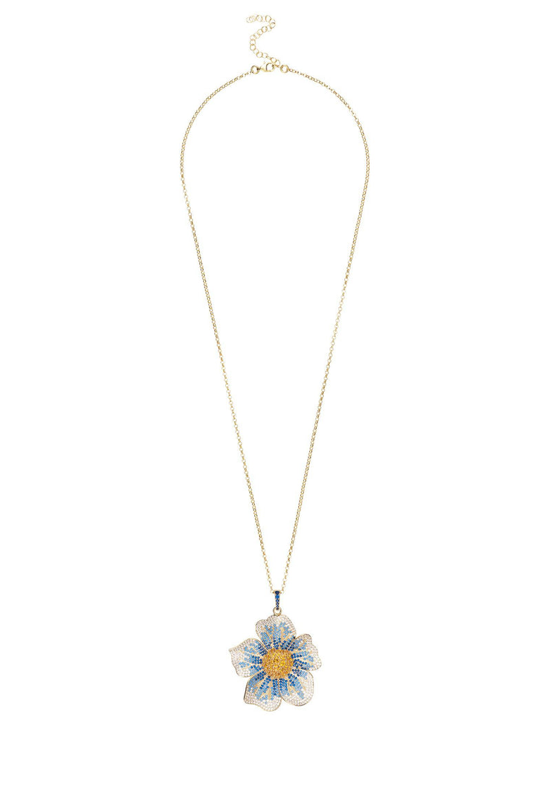 Pansy Flower Blue Necklace Gold