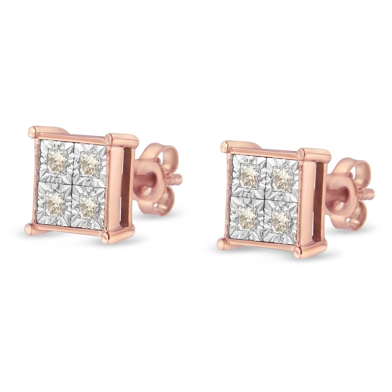 Rose Plated Sterling Silver Princess Diamond Quad Stud Earrings (0.5 Cttw, J-K Color, I1-I2 Clarity)