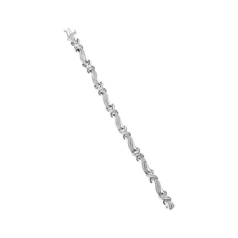 .925 Sterling Silver 1 3/4 Cttw Diamond Wave and X Link Tennis Bracelet (I-J Color, I3 Clarity) - 7"