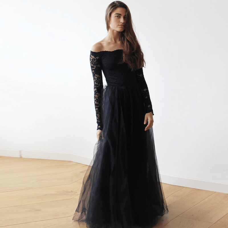 Black Off-The-Shoulder Lace and Tulle Maxi Dress  SALE 1134