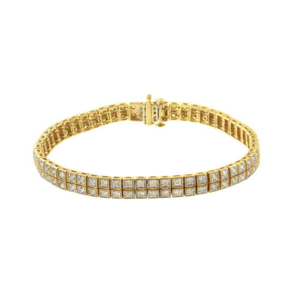 14K Yellow Gold Over .925 Sterling Silver 3.0 Cttw Diamond Double Row Square Milgrain Link 7” Tennis Bracelet (K-L Color