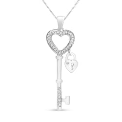 .925 Sterling Silver 1/4 Cttw Diamond Lock & Key Heart 18" Pendant Necklace (I-J Color, I3 Clarity)