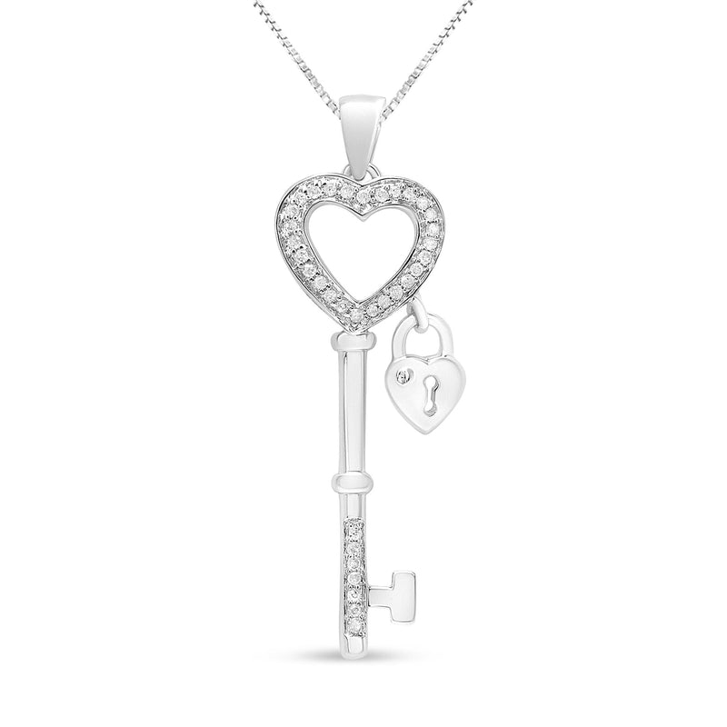 .925 Sterling Silver 1/4 Cttw Diamond Lock & Key Heart 18" Pendant Necklace (I-J Color, I3 Clarity)