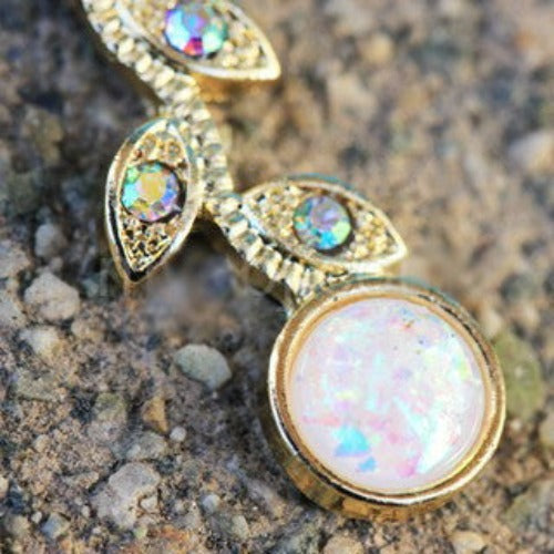 Gold Synthetic Opal Flower Vine Dangle Navel Ring