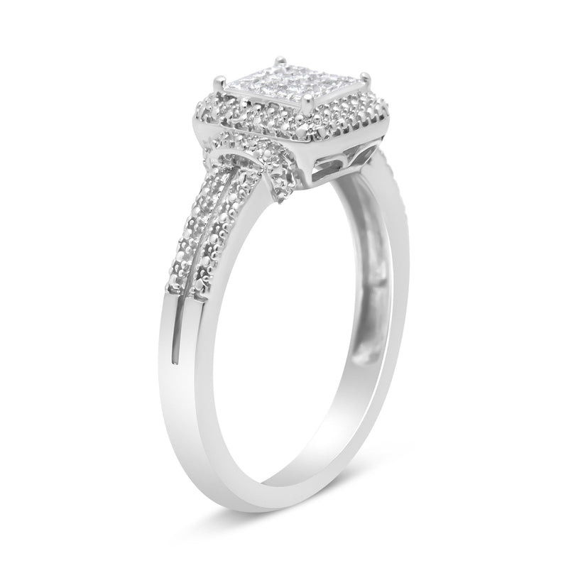 .925 Sterling Silver 1/4 Cttw Princess-Cut Diamond Composite Ring With Beaded Halo (H-I Color, SI1-SI2 Clarity) - Size 5