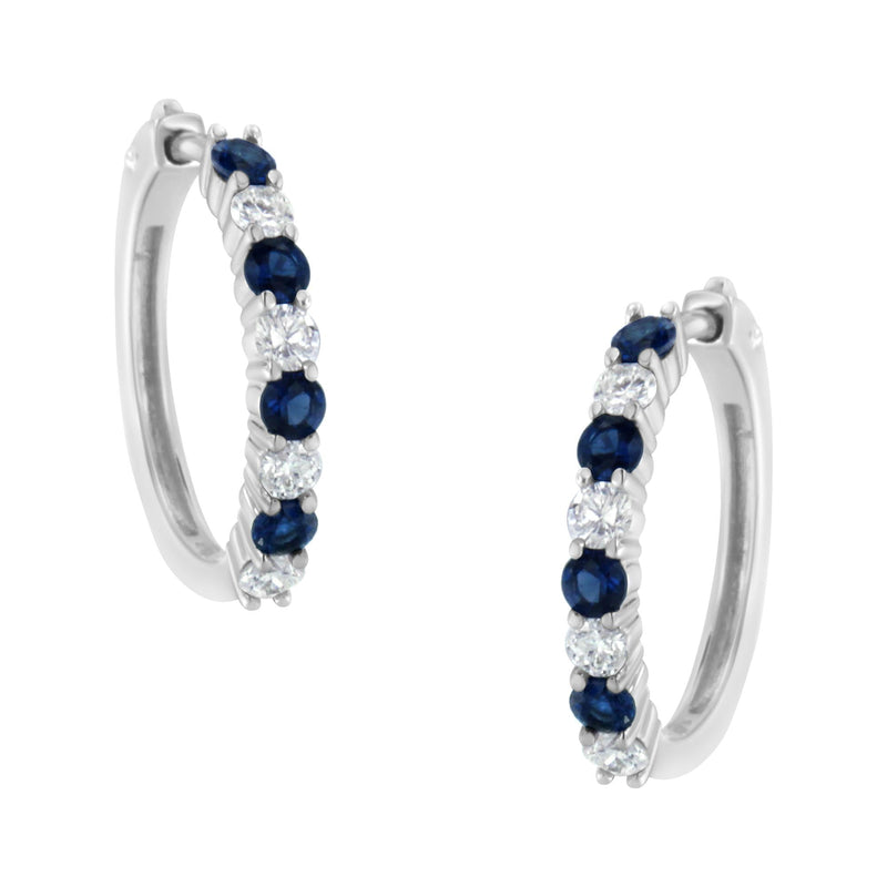 10K White Gold, ½ Cttw Diamond, & ½ Cttw Lab-Grown Blue Sapphire Leverback Hoop Earrings (H-I Color, I1-I2 Clarity)