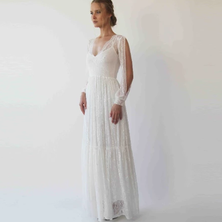 Bishop With a Slit Sleeves Dress,lace Bohemian Wedding Dress, Ivory Vintage Style Dress 1260