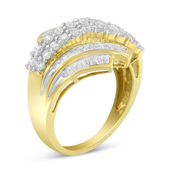 10K Yellow Gold 1.0 Cttw Round & Baguette Cut Diamond 64 Stone Bypass Style Channel Set Modern Statement Ring (H-I Color