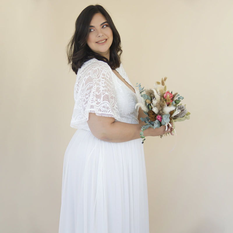 Curvy  Ivory Butterfly Sleeves, Lace Bohemian Wedding Dress With Mesh Chiffon #1321