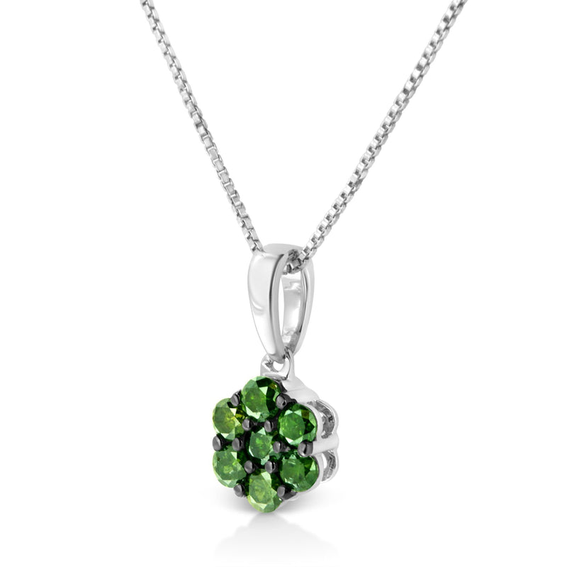 .925 Sterling Silver 1/2 Cttw Prong Set Treated Green Diamond Floral Cluster 18" Pendant Necklace (Green Color, I1-I2 Cl