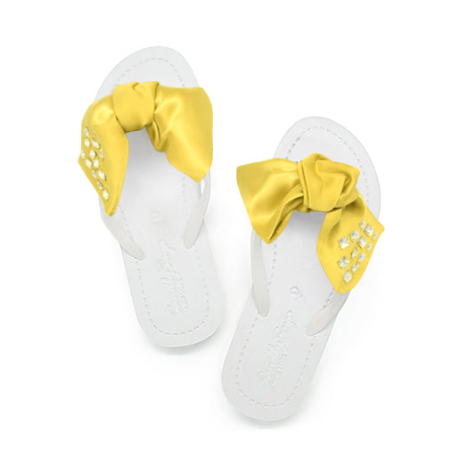 Kent-Silk Satin Yellow Bow - Flat Flip Flops Sandals