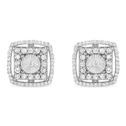 .925 Sterling Silver 1.0 Cttw Round Diamond Double Halo and Disc Stud Earring (I-J Color, I2-I3 Clarity)