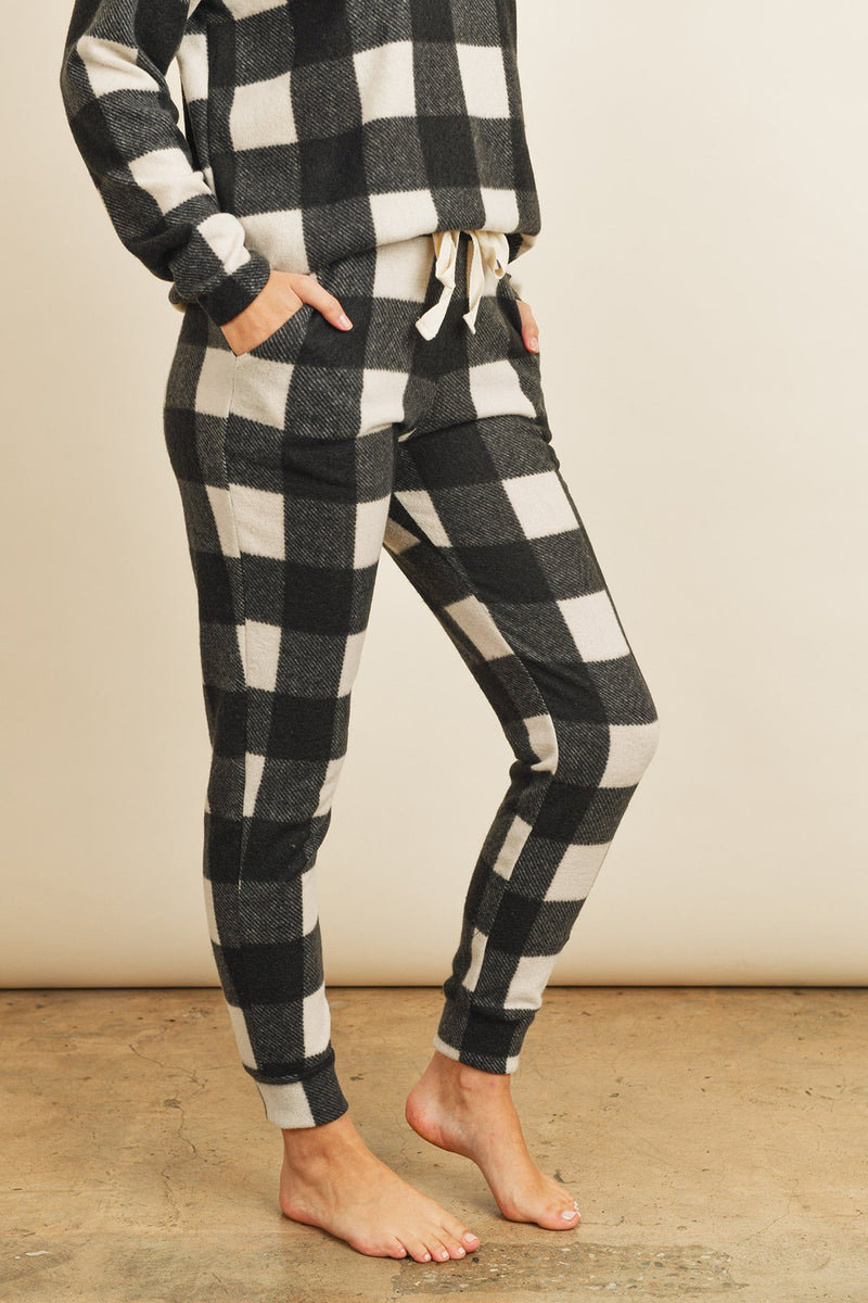 Brushed Plaid Top and Joggers Set With Self Tie
