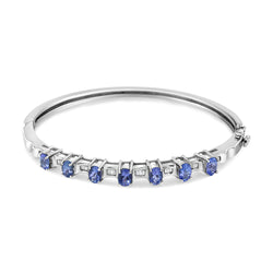 14K White Gold 5 MM Oval Blue Tanzanite and 1/4 Cttw Diamond Bangle (H-I Color, VS2-SI1 Clarity) - Fits Wrists Up to 7 1