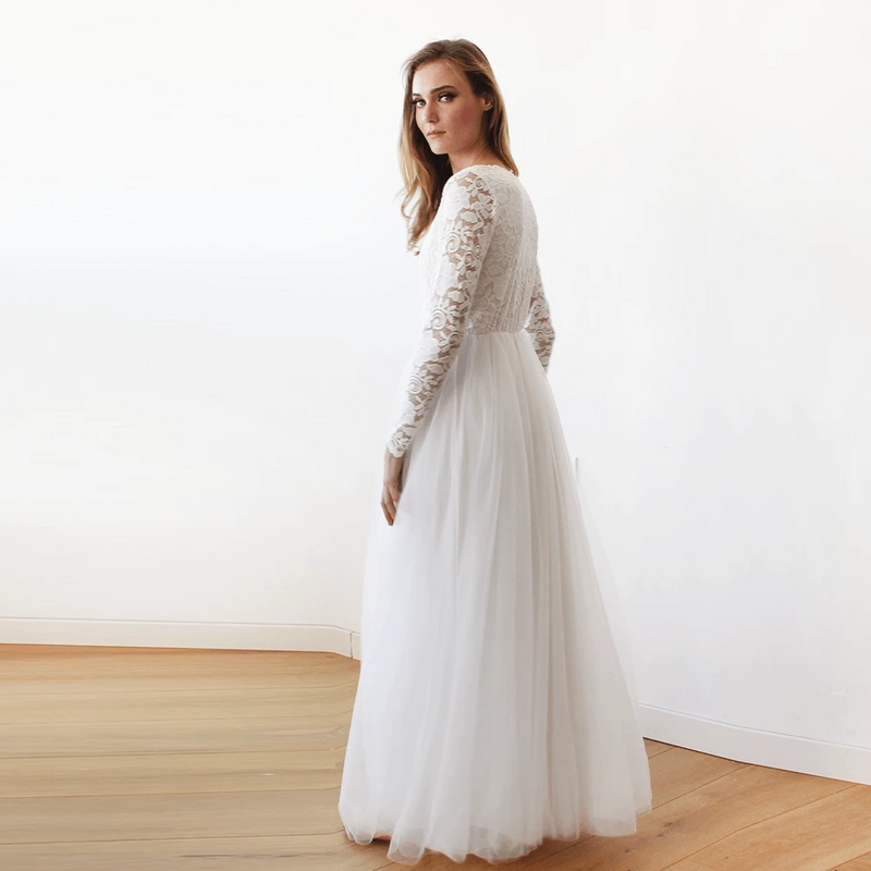 Ivory Tulle and Lace Long Sleeve Wedding Maxi Dress 1125