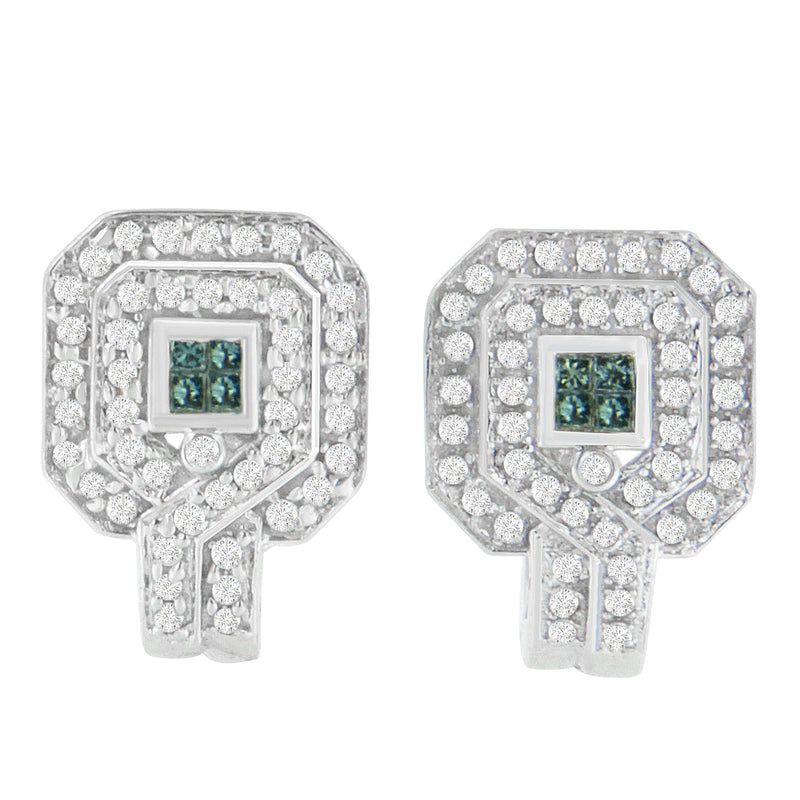 14K White Gold 1ct. TDW Round and Princess-Cut Treated Blue Diamond Earrings (H-I,si1-Si2)