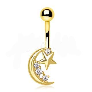 Gold Crescent Moon & Shinning Star Navel Ring