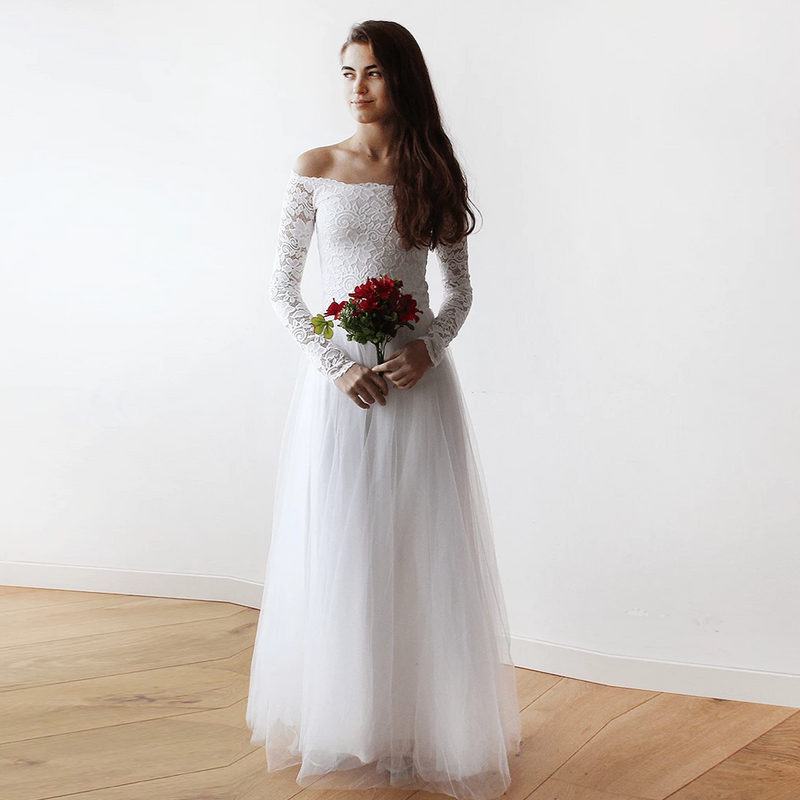 Off-The-Shoulder Ivory Lace and Tulle Wedding Maxi Dress 1134