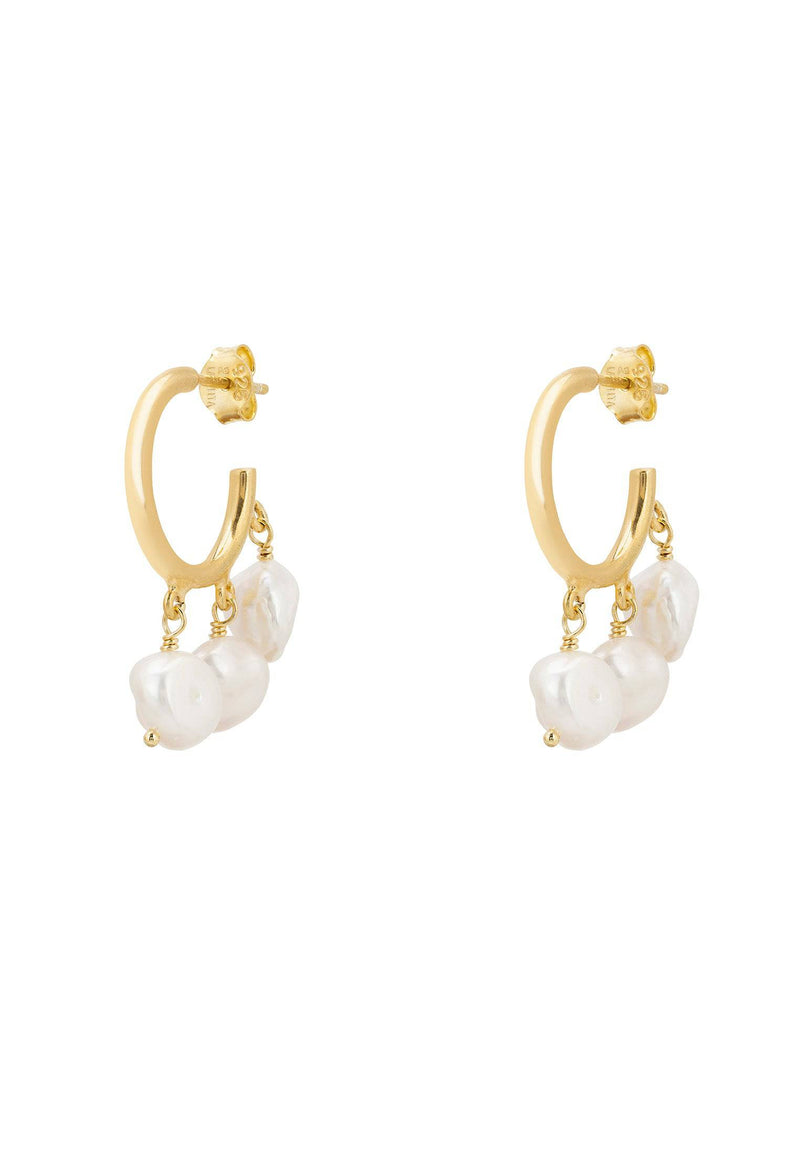 Pearl Cluster Drop Hoop Earrings Gold