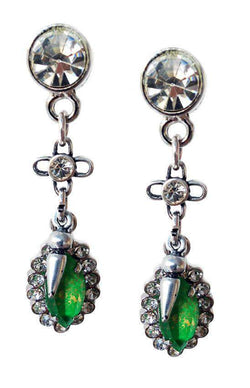 Emerald Green Swarovski Crystal Dangle and Drop Earrings With Rhinestones, Rhodium and Antique Silver Plated Brass.