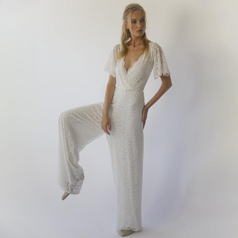 Bohemian Butterfly Sleeves Bridal Lace Jumpsuit With Belt #1309