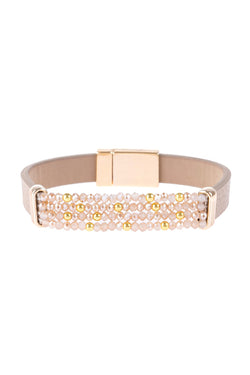 Hdb3156 - Four-Line Beaded Leather Strap Magnetic Bracelet