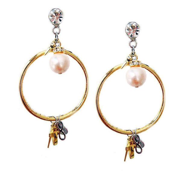 Gold Dangle and Drop Earrings With Light Rose Pearls, Rhinestones, Brass and Charms. Hoop Earrings, Boho Chic Earrings,