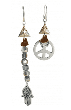 Boho Chic Drop Earrings Made With Crystals, Silver Peace Pendant, Cross and Horseshoe Charms and Hamsa Pendant.