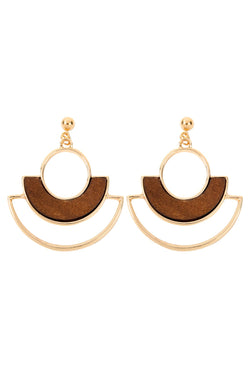 Cast Metal Fan Shape With Wood Inset Dangle Earrings