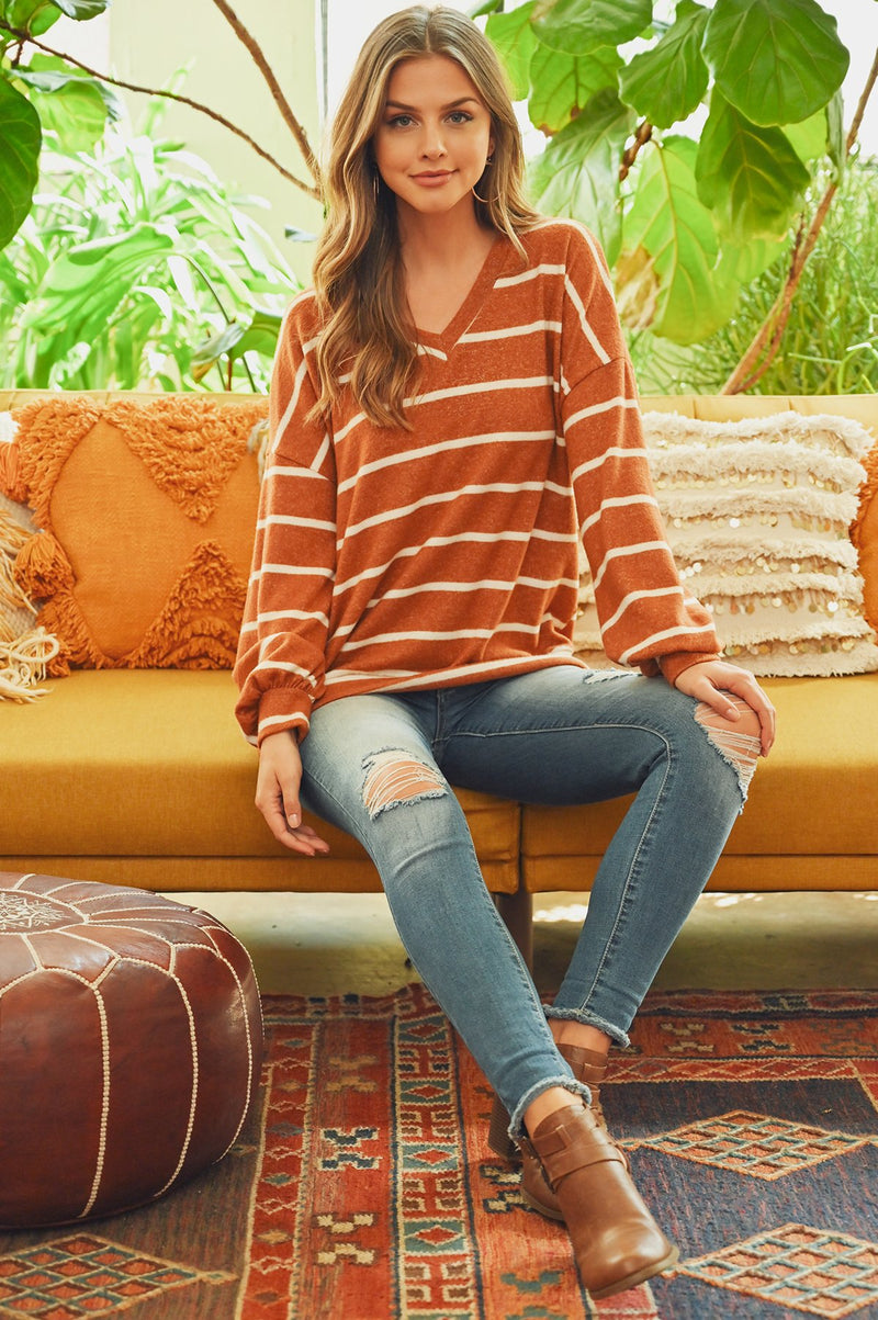 Oversized Puff Sleeved V-Neck Striped Top
