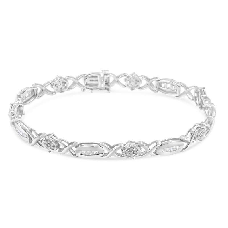 .925 Sterling Silver 1.0 Cttw Round-Cut and Baguette-Cut Diamond X-Link Bracelet (I-J Color, I1-I2 Clarity) - 7"