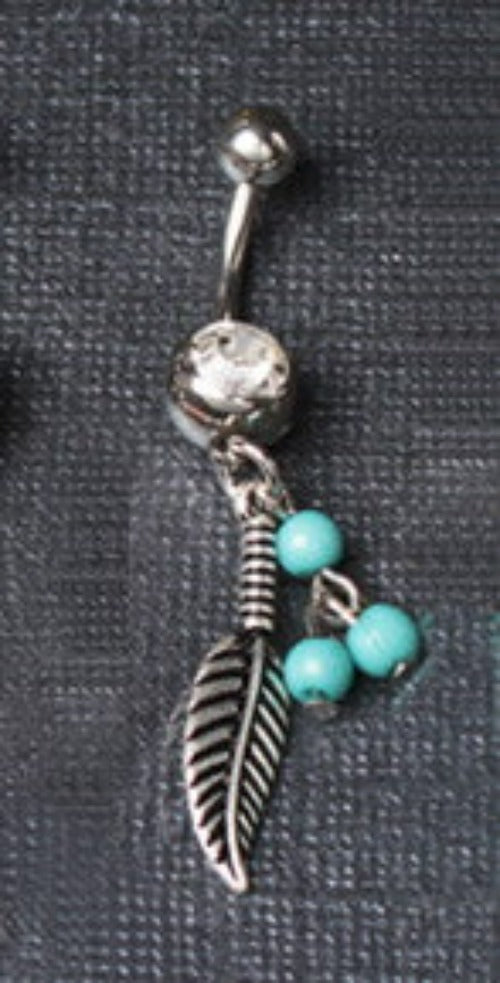 316L Surgical Steel Navel Ring With Feather and Bead Dangle