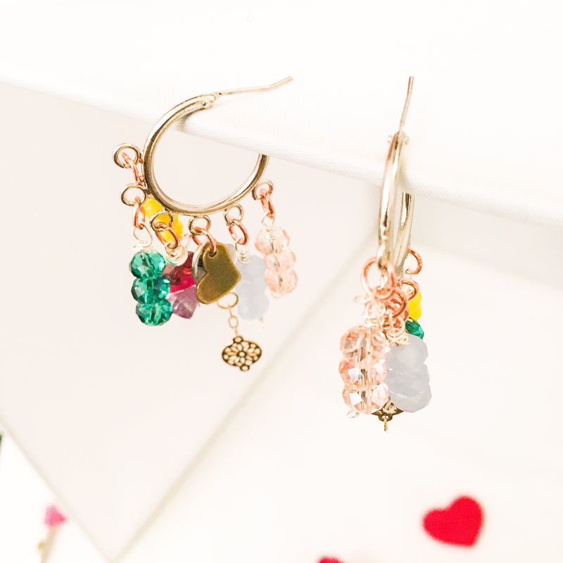 Colorful Beads and Stones Heart Charm Hoops Earrings