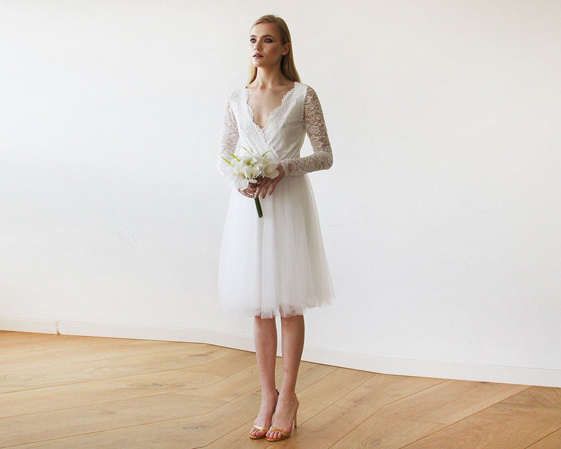 Short Wedding Dress ,Ivory Tulle & Lace Midi  Dress #1144