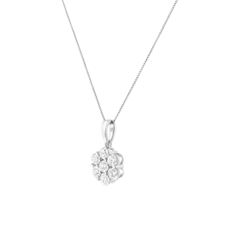 14K White Gold 2.00 Cttw Brilliant Round-Cut Diamond 7 Stone Flower Cluster 18" Pendant Necklace (H-I Color, SI2-I1 Clar