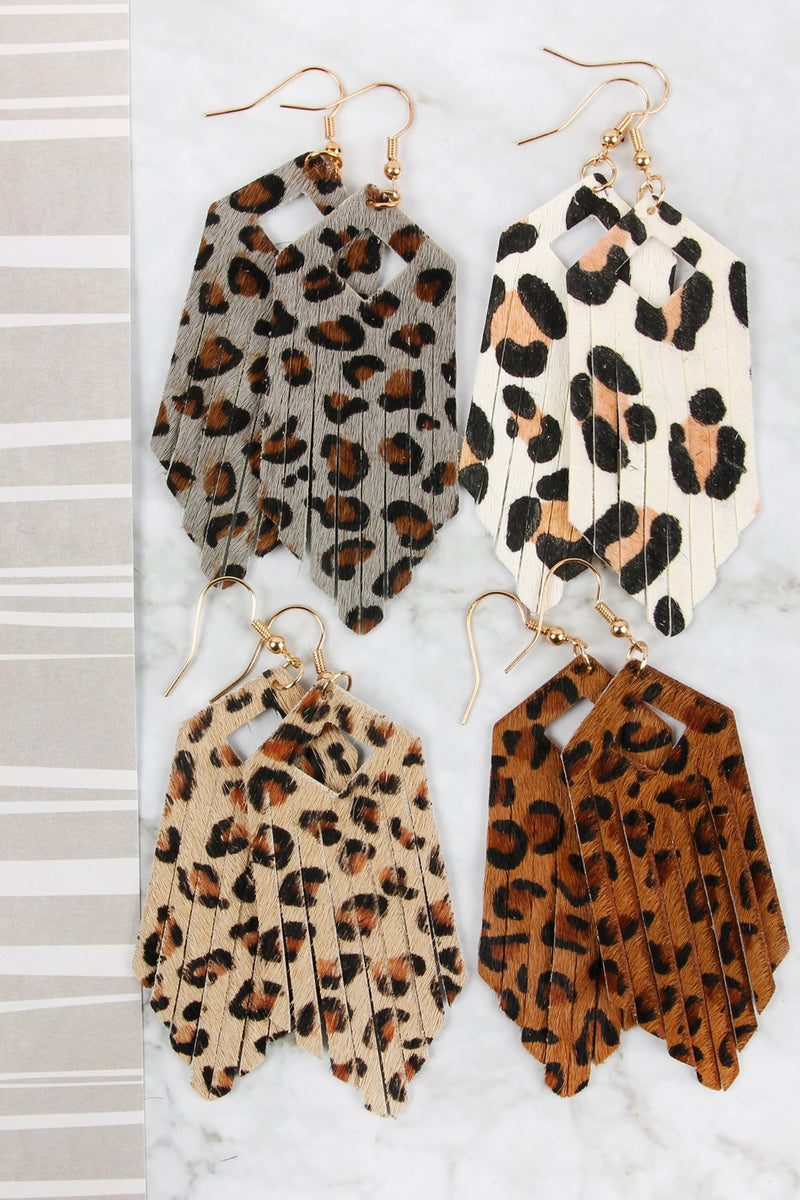 Hde2435 - Fringe Hexagon Leopard Leather Hook Earrings