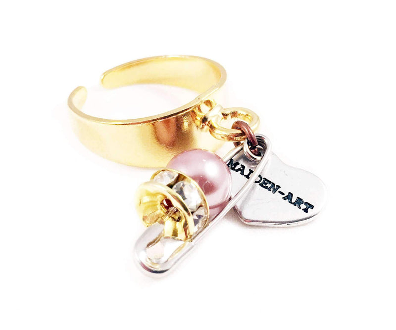 Gold Ring With Safety Pin, Crystal and Pearl. Perfect for Parties, Summer Time and Gift for Her.