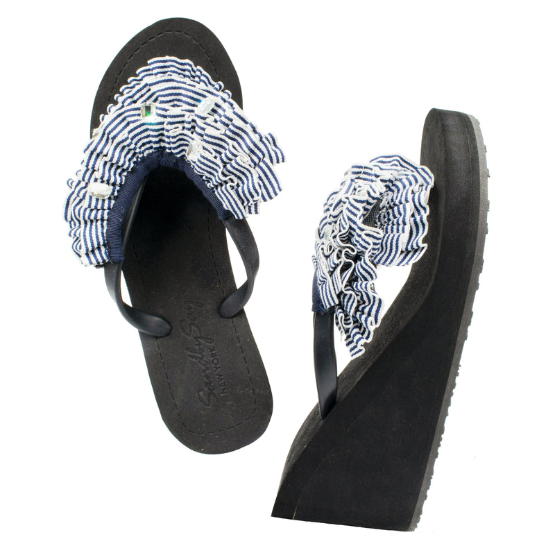 Marine Stripe Ruffle - - Embellished High Wedge Flip Flops Sandal